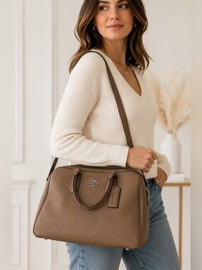 Coach CV960 Pebbled Leather Satchel Carryall Tote Mushroom Taupe Bag EUC
